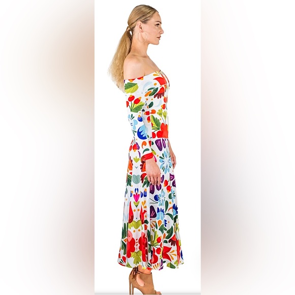 Eva Varro 3/4 Sleeve Off Shoulder Dropped Waist A-line Twirling Midi Dress Red - Picture 6 of 9